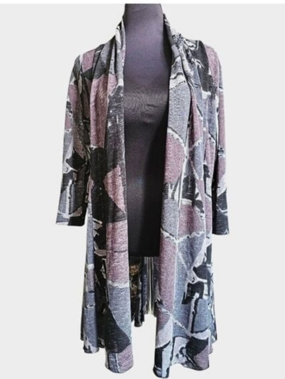 CREATION 3/4 Sleeve Purple & Gray Open Front Cover Up Cardigan Size Large NWT